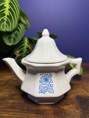 Vintage Avon White Stoneware Octagon Mini Teapot with Blue Flower Decor